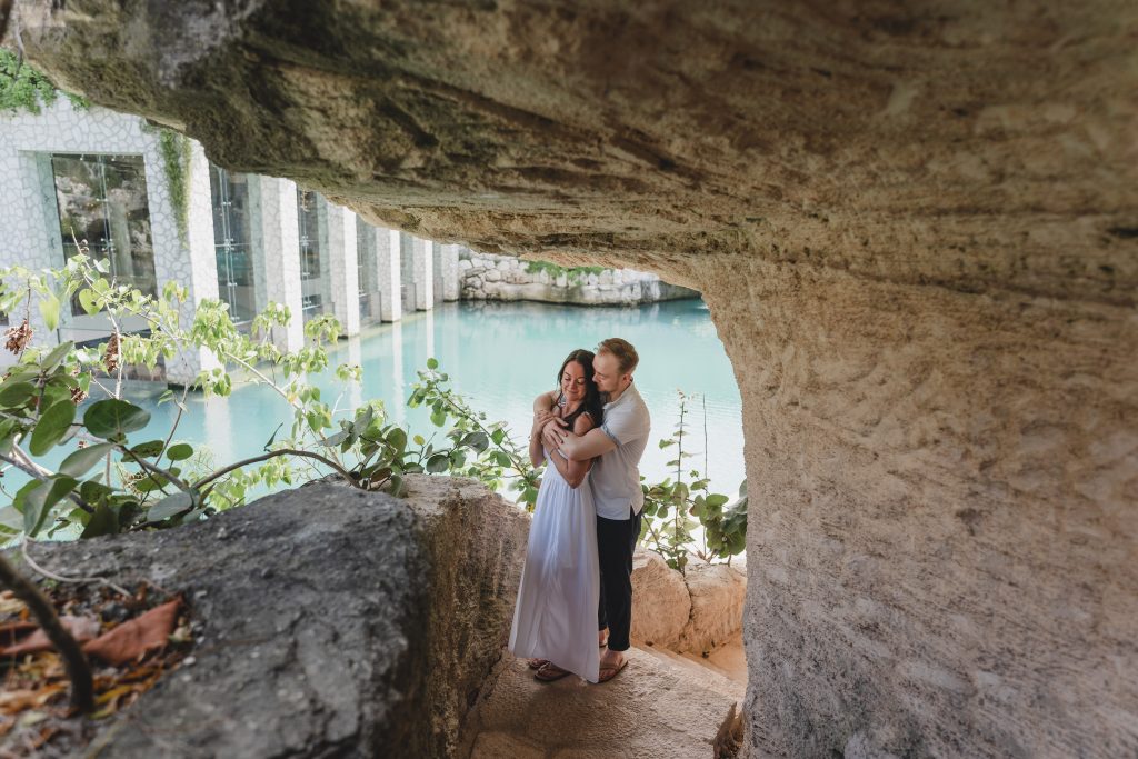 Hotel Xcaret Mexico wedding photo of bride and groom for yellow umbrella events