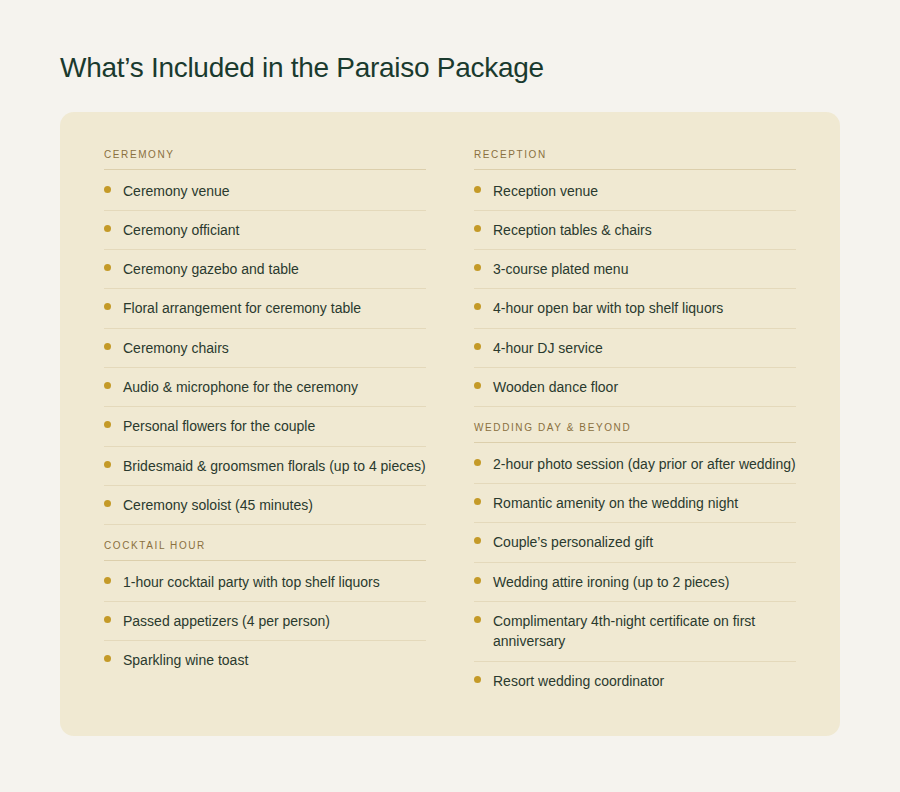 paraiso wedding inclusions